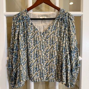 Maeve Anthropologie Blue and Green Floral Blouse with Balloon Sleeves Size XSP